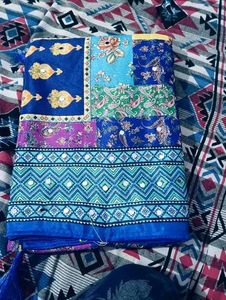Vibrant Patchwork Silk Saree with Mirror Work