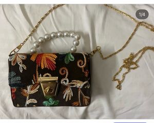 Embroidered Clutch with Pearl Handle