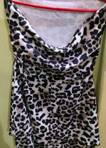 Strapless Animal Print Layered Hem A-Line Dress