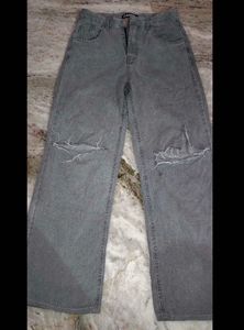 Grey Ripped Wide Leg Jeans