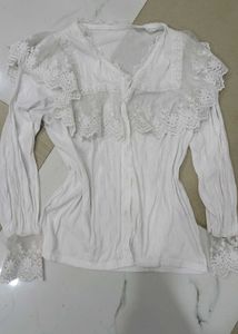 White Lace Trimmed ruffled Blouse