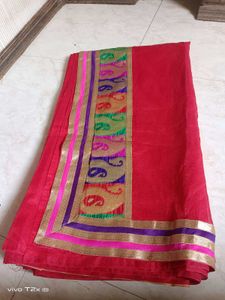 Vibrant Red Saree with Colorful Border