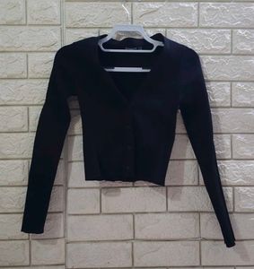 Stradivarius Black Ribbed Cropped Cardigan