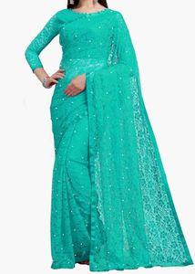 Stunning Teal Lace Saree with Pearl Embellishments