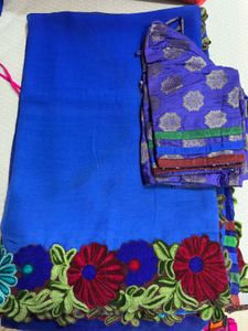 Royal Blue Embroidered Saree with Blouse