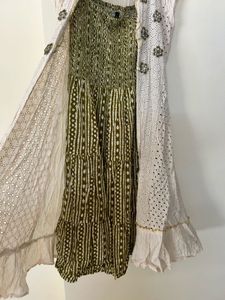 Ethnic White &amp; Olive dress with detachable jacket