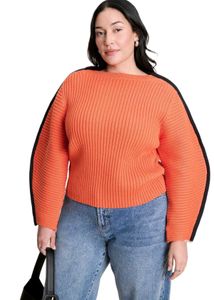 Orange Ribbed Knit Sweater with Black Stripes