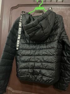 Black Puffer Jacket with Slogan Detail