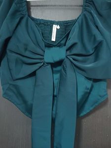 Chic Teal Puff Sleeve Bow Top