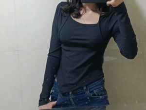 Black Long Sleeve Square Neck Top