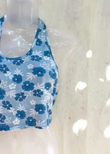 Blue Floral Halter Neck Crop Top