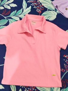 Pink Ribbed Polo Neck Top