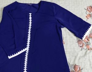 Blue Kurta with White Scalloped Trim shoulder