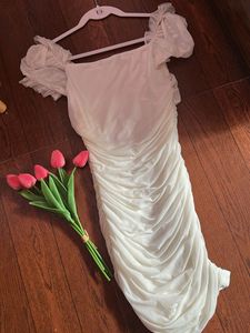 Chic Ruched Mesh Puff Sleeve Dress