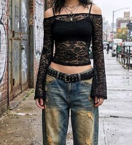 Black Lace Off-Shoulder Long Sleeve Top