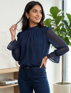 Elegant Navy Blue Swiss Dot Blouse