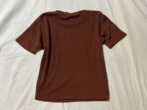Brown Ribbed Mock Neck T-Shirt