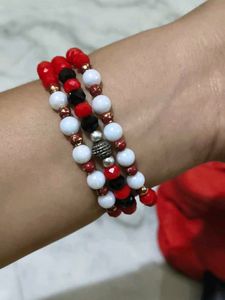 Vibrant Red crystal, white pearl Bracelet Set