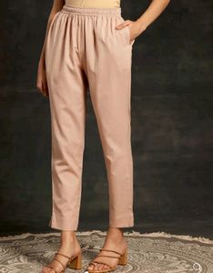 Libas Peach Solid Cotton Straight Fit Trouser