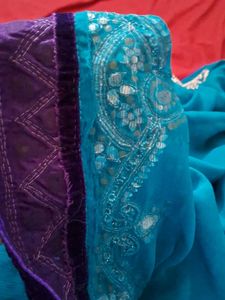 sky bluecolour georget with Violet velvet work bor