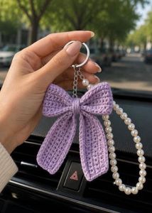 Crocheted Bow Keychain with Pearls