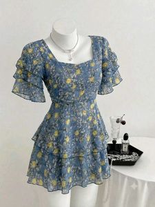 Blue Floral Tiered Ruffle Dress