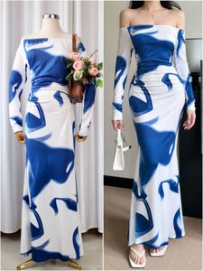 Elegant Off-Shoulder Blue & White Maxi Gown