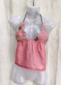 Pink Embroidered Halter Neck Blouse