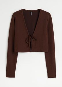 Brown Ribbed Tie-Front Cropped Cardigan