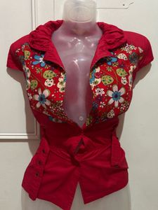 Vibrant Red Floral Collared Top
