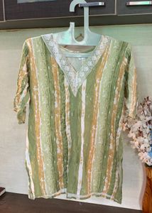 Green Striped V-Neck Kurta