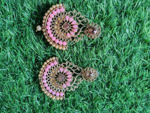 Elegant Pink &amp; Gold Maang Tikka and Earrings Set