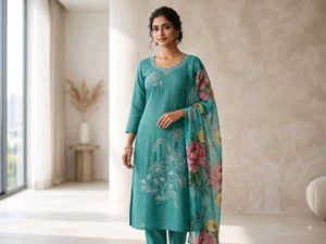 Teal Embroidered Kurta with Floral Dupatta ( new )