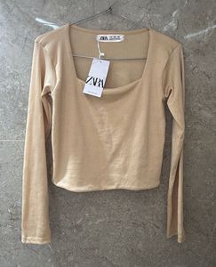 ZARA Beige Long Sleeve Square Neck Top