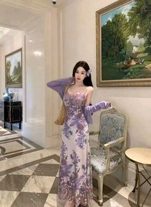 Elegant Purple Floral Print Maxi Dress