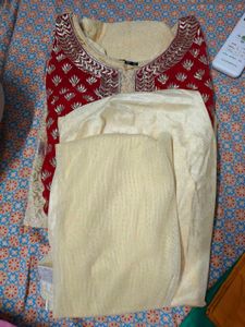 Red Embroidered Kurta Set with Cream Dupatta
