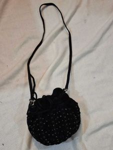Black Beaded Drawstring Pouch Bag