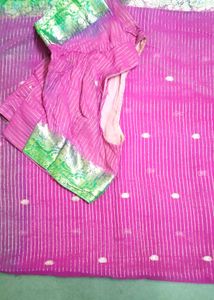 Vibrant Pink &amp; Green Striped Saree