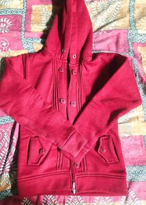 Red Hooded Zip-Up Jacket with Buttons