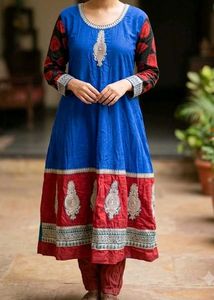 Elegant Blue &amp; Red Anarkali Suit