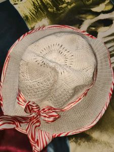 Stylish White Knit Hat with Red Ribbon