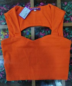 Orange Ribbed Cut-Out Crop Top