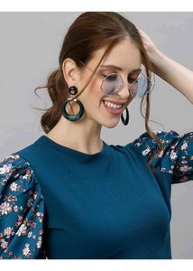 Teal Dress with Floral Puff Sleeves (small)