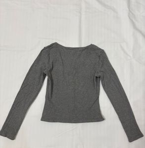 savana Grey Ribbed Lace Trim Top with Bow