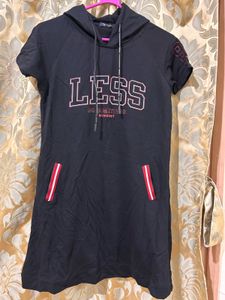 Black Hooded Dress with "LESS" Graphic