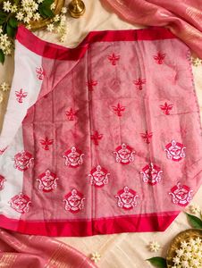 Beautiful White Saree with Red Motifs