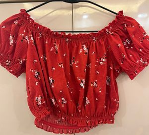 Red Floral Off-Shoulder Puff Sleeve Crop Top
