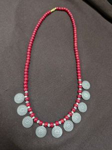 Boho Red Beaded Necklace with Coin Charms