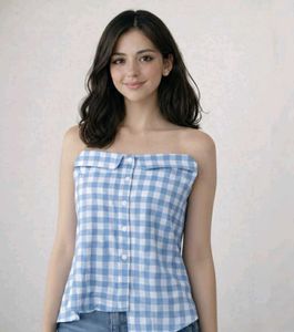 Blue & White Gingham Off-Shoulder Top