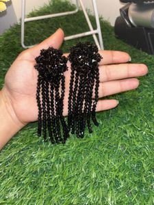 Black Beaded Tassel Earrings